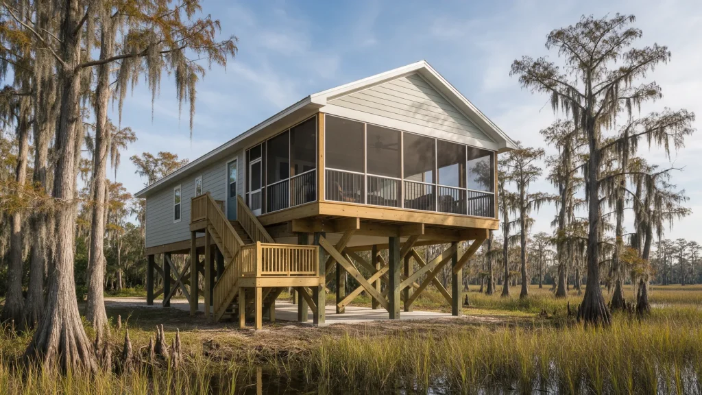 Raised wooden river home among cypress trees with a new screened porch