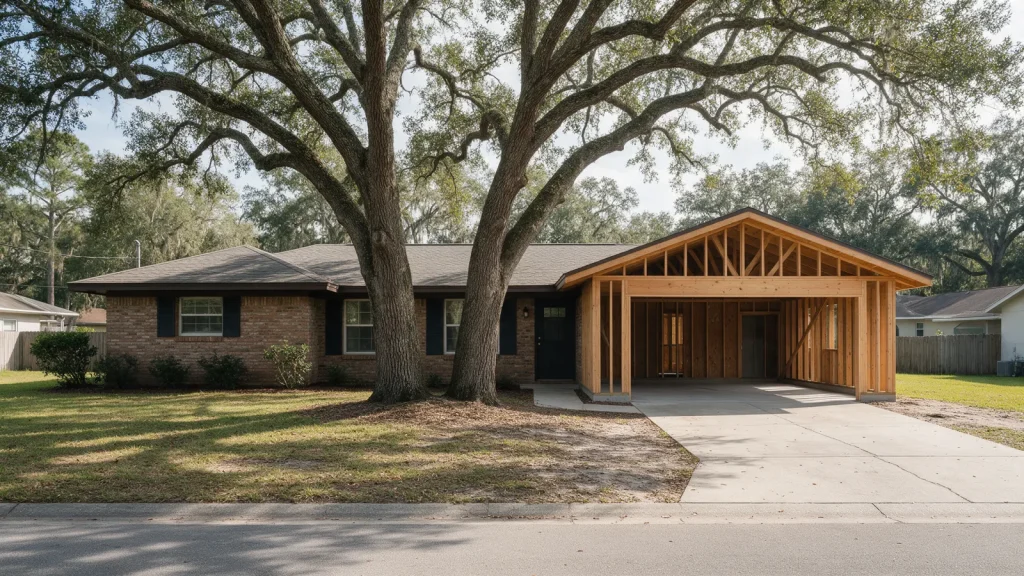 Brick ranch home with a new garage addition under construction