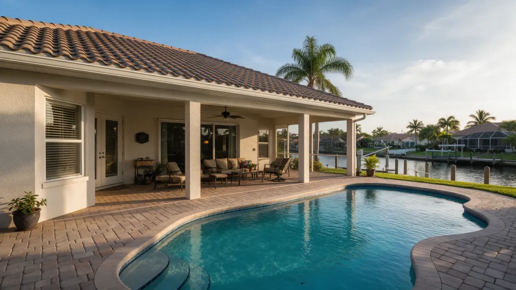 Canal home with a pool, covered lanai and tile roof